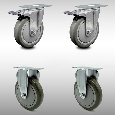 Service Caster 5 Inch SS Gray Polyurethane Top Plate Caster Lock Brake 2 Rigid SCC, 2PK SCC-SSTTL20S514-PPUB-2-R-2